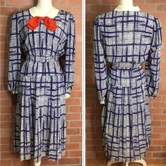 Vintage 80s 90s Jonathan Martin Midi Dress Bow Detail Belted Size 9 Dress - Picture 2 of 10